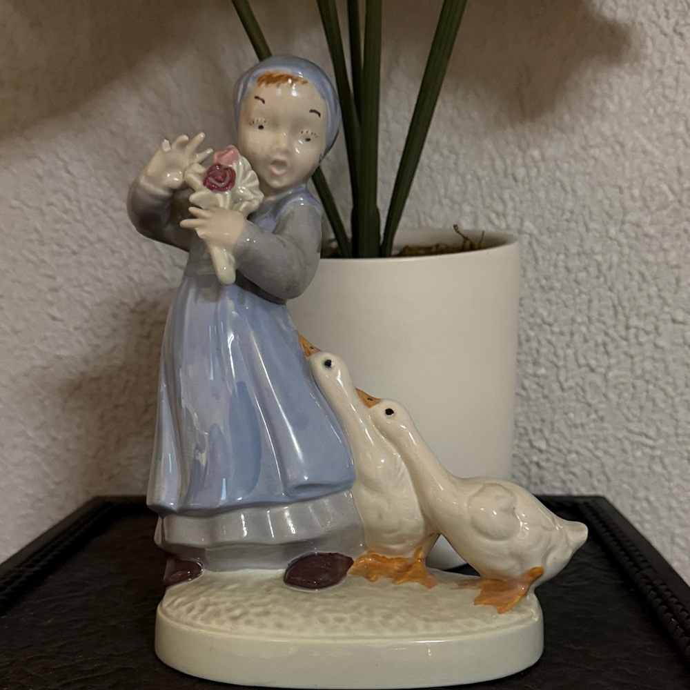 Holland‎ mold Charming Porcelain Figurine with Blue Dress and Geese